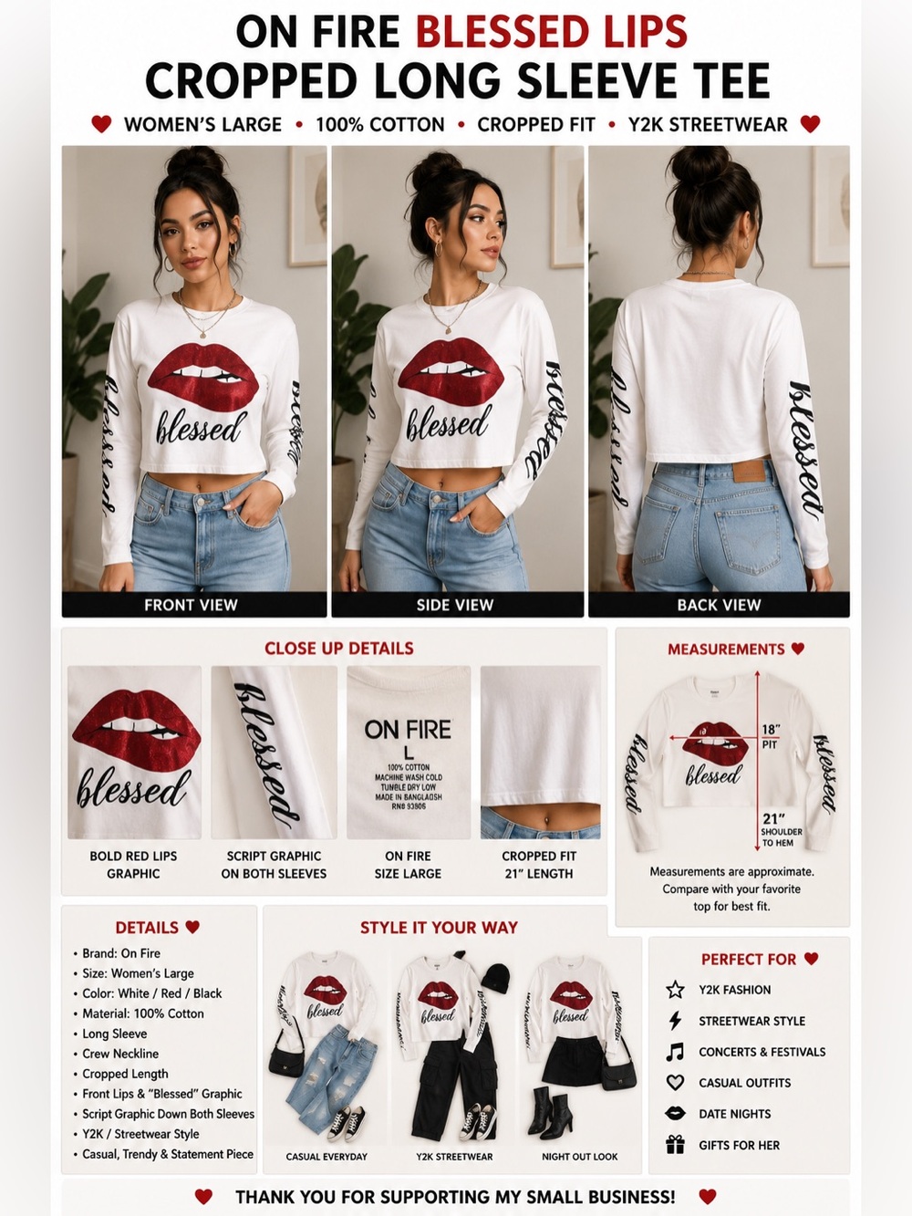 On Fire Women’s L Cropped Long Sleeve Graphic Tee Red Lips Blessed White Y2K